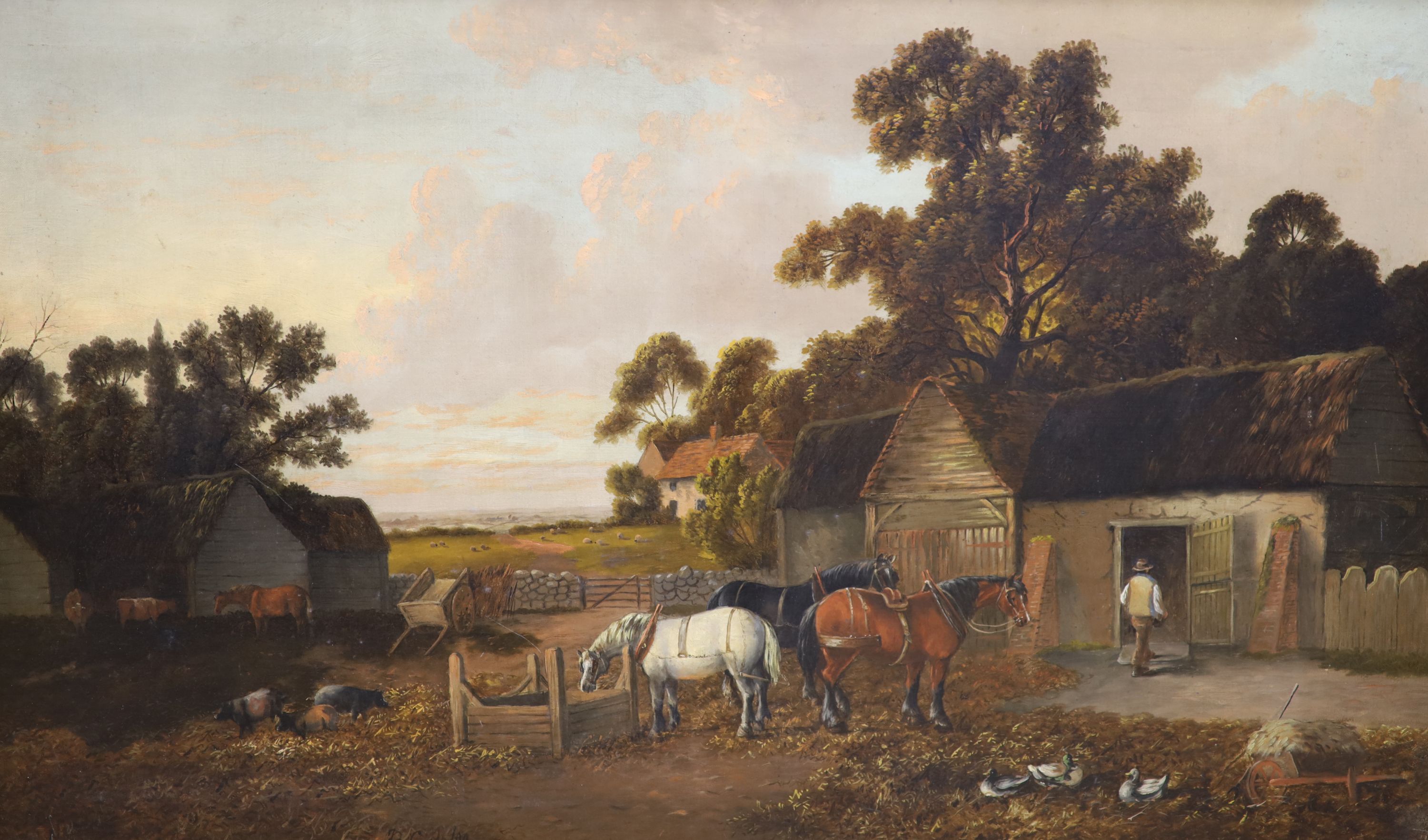 J.B Cook, oil on canvas, Farmyard scene with pigs and horses, bears signature and date '90, 75 x 126cm